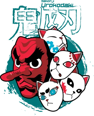 Hình ảnh minh họa phong cách anime với mặt nạ Kitsune và Tengu Nhật Bản, có chữ Sakonji Urokodaki.