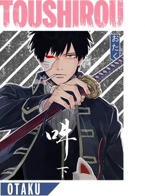 Hình vẽ nhân vật anime Toshirou với mắt đỏ, băng gạc che mắt, cầm kiếm và hút thuốc.