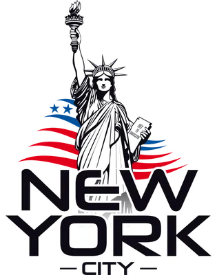 Hình ảnh Tượng Nữ Thần Tự Do với dòng chữ New York City, nền xám, có cờ Mỹ cách điệu.