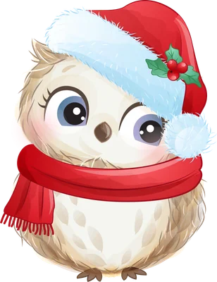 Hình ảnh minh họa một chú cú tuyết dễ thương đội mũ ông già Noel và quàng khăn đỏ, mắt to tròn long lanh.