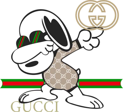 Hình ảnh hoạt hình thỏ Snoopy đeo kính râm sọc xanh đỏ, mặc áo in họa tiết GG của Gucci, cầm logo Gucci trên tay.