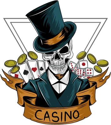 Hình ảnh đầu lâu mặc vest đội mũ cao bồi cùng bài tây, xúc xắc và đồng xu vàng phong cách casino