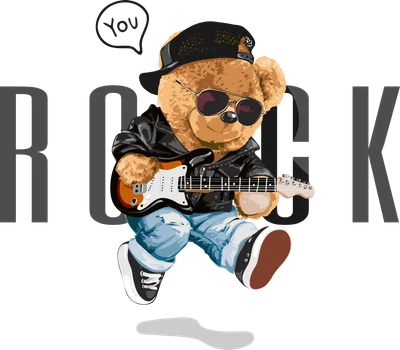 Hình minh họa gấu bông rockstar đội mũ, đeo kính râm, mặc áo da và quần jean, đang chơi guitar điện với chữ ROCK và bong bóng thoại You.