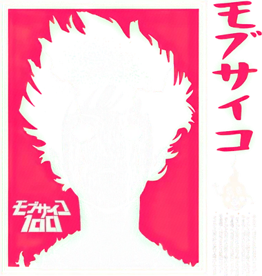 Hình ảnh nhân vật Mob Psycho 100 với mái tóc xám rối, đôi mắt trắng phát sáng và các tia sét trên mặt, nền đỏ.