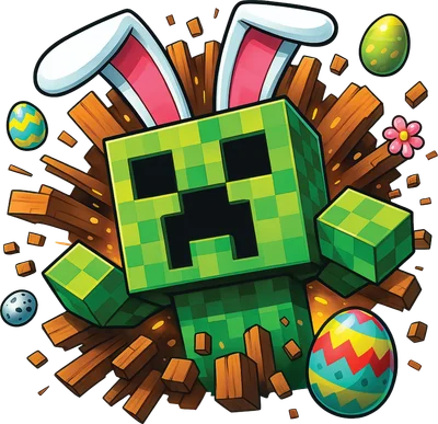Hình ảnh Creeper Minecraft đội tai thỏ, xung quanh có trứng Phục Sinh và các khối gỗ.