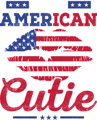 Hình in môi son có họa tiết cờ Mỹ, kèm chữ 'ALL AMERICAN CUTIE' và các ngôi sao, sọc đỏ trắng xanh trên nền xám.