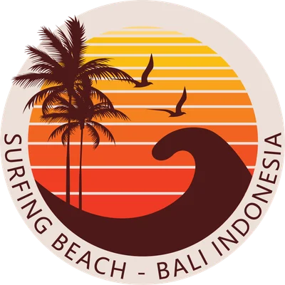 Hình ảnh phong cách retro cảnh hoàng hôn trên bãi biển Bali với cây dừa, chim và sóng biển, chữ Surfing Beach Bali Indonesia.