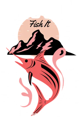 Hình ảnh cá marlin hồng nhảy vọt trước núi và mặt trời lặn, có chữ 'JUST Fish It' và 'Fishing Expedition'.