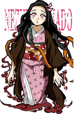 Hình ảnh Nezuko Kamado trong bộ kimono hồng với họa tiết hình học, đeo bịt miệng gỗ, tóc đen dài, phong cách anime.