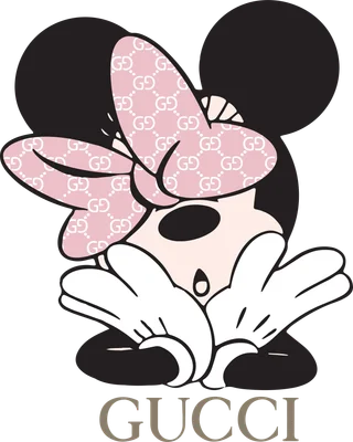 Hình ảnh Minnie Mouse đeo nơ hồng in họa tiết Gucci, tay che miệng, phong cách hoạt hình.