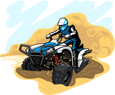 Hình vẽ hoạt hình một người lái xe ATV màu xanh trắng đang phi nước đại trên địa hình cát.
