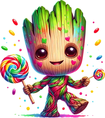 Hình ảnh nhân vật Groot chibi đáng yêu, thân cây đầy màu sắc rực rỡ, đang vui vẻ cầm hai chiếc kẹo mút cầu vồng lớn trên nền xám.