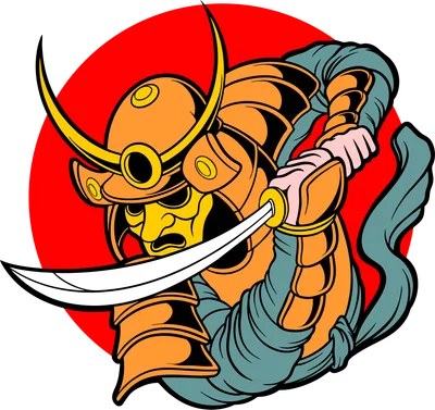Hình ảnh minh họa chiến binh Samurai Nhật Bản trong bộ giáp cam, mặt nạ vàng, tay cầm kiếm, với nền đỏ tròn.