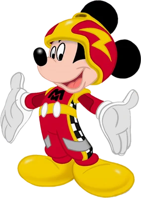 Hình ảnh chuột Mickey trong bộ đồ đua xe màu đỏ vàng, đội mũ bảo hiểm có tia sét, đang mỉm cười