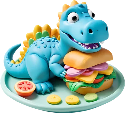 Hình ảnh 3D hoạt hình của một chú khủng long xanh dễ thương đang ôm và ăn một chiếc bánh sandwich lớn trên đĩa màu xanh nhạt.