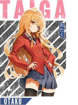Hình ảnh nữ sinh anime tóc vàng, mặc áo khoác đỏ, chân váy xếp ly xanh, phong cách Nhật Bản.