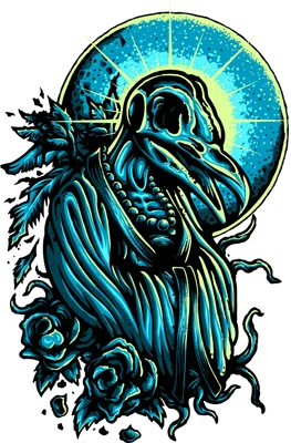 Hình ảnh bộ xương quạ màu xanh neon với vòng hào quang và hoa hồng xanh, phong cách gothic.