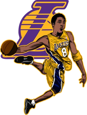 Hình vẽ Kobe Bryant trong bộ đồ Lakers số 8 đang thực hiện cú úp rổ, với logo Lakers phía sau.
