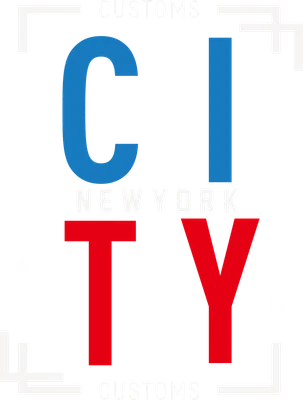 Thiết kế chữ "CITY NEW YORK" với các chữ cái lớn màu xanh và đỏ trên nền xám, có các chi tiết trang trí hình học.