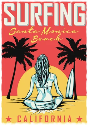Hình minh họa cô gái ngồi thiền trên bãi biển Santa Monica với ván lướt sóng, phong cách retro