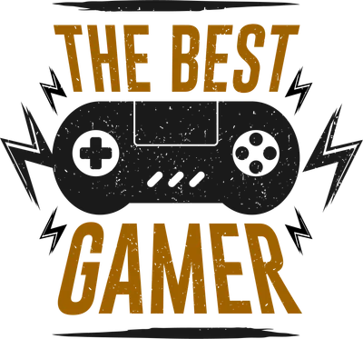 Hình in tay cầm chơi game cổ điển màu đen và chữ 'THE BEST GAMER' màu cam trên nền xám, phong cách grunge.