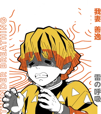 Hình ảnh nhân vật anime Zenitsu Agatsuma với biểu cảm sợ hãi, đang khóc, tóc vàng cam, mặc trang phục sọc vàng đen.