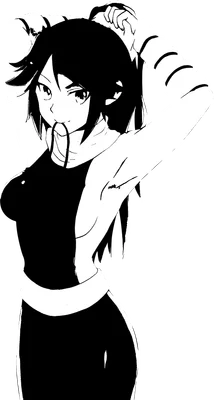 Hình vẽ cô gái anime đang buộc tóc, mặc trang phục thể thao đen trắng, phong cách hoạt hình.