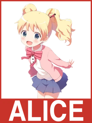 Hình ảnh cô bé Alice tóc vàng buộc hai bím, mặc áo hồng, váy xanh, đeo nơ hồng, biểu cảm vui vẻ.