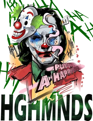 Hình vẽ Joker đội mặt nạ hề, hút thuốc lá, có chữ 'Put on a happy face'