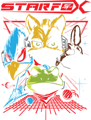 Hình ảnh nhóm nhân vật Star Fox bao gồm Fox McCloud, Falco Lombardi, Peppy Hare và Slippy Toad với phong cách hoạt hình, trên nền xám có các yếu tố vũ trụ.
