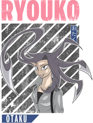 Hình vẽ nhân vật Ryuko Otaku với mái tóc tím dài, biểu cảm tự tin, mặc áo sơ mi xám.