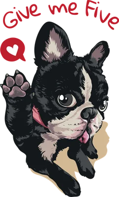 Hình vẽ chú chó Boston Terrier màu đen trắng giơ một chân lên như đang chào, có bong bóng thoại hình trái tim và dòng chữ "Give me Five".
