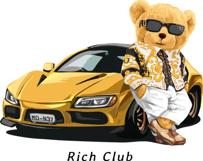Hình ảnh hoạt hình gấu Teddy đeo kính râm, áo họa tiết vàng đen, quần trắng, tựa vào siêu xe thể thao màu vàng với biển số MO-N3Y. Dưới cùng có chữ Rich Club.