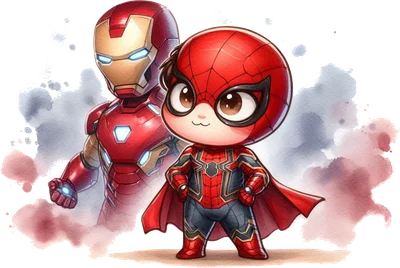 Hình ảnh hoạt hình chibi của Người Nhện trong trang phục đỏ xanh đứng trước Iron Man với hiệu ứng màu nước
