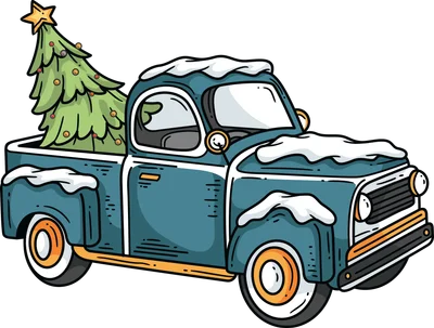 Hình minh họa xe tải cổ màu xanh dương chở cây thông Noel có sao trên đỉnh, phủ tuyết trên nóc xe và thùng xe.