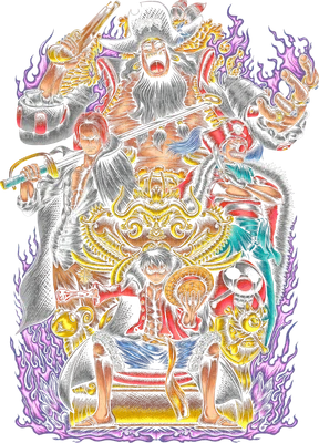 Hình minh họa các nhân vật Luffy, Shanks và Blackbeard trong One Piece với phong cách nghệ thuật chi tiết