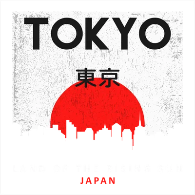 Thiết kế đồ họa Tokyo với mặt trời đỏ, đường chân trời thành phố và chữ Nhật Bản phong cách vintage