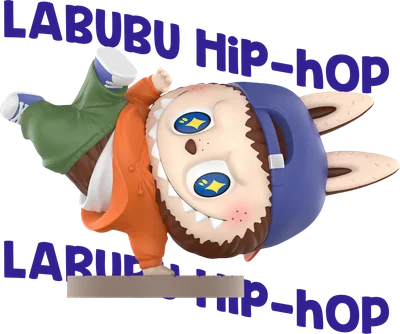 Hình ảnh nhân vật Labubu hoạt hình đang thực hiện động tác hip-hop, đội mũ xanh, mặc áo cam và xanh lá, mắt lấp lánh.