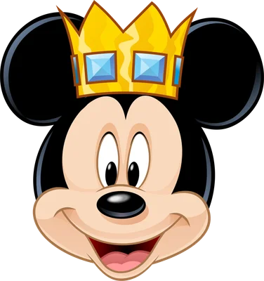 Hình ảnh đầu chuột Mickey đội vương miện vàng đính đá xanh, mỉm cười thân thiện trên nền xám.