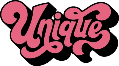 Chữ "Unique" viết tay theo phong cách retro, màu hồng gradient, đổ bóng đen trên nền xám.