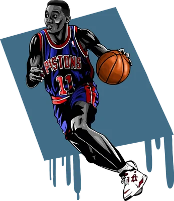 Hình vẽ vận động viên bóng rổ mặc áo Detroit Pistons số 11 đang rê bóng, phong cách hoạt hình.