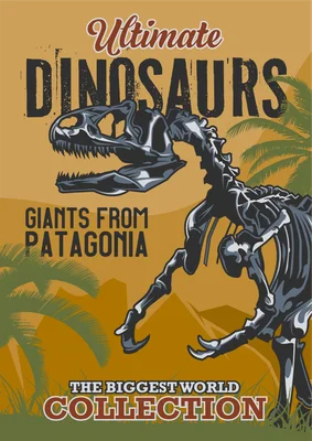 Hình minh họa bộ xương khủng long với chữ Ultimate Dinosaurs phong cách vintage