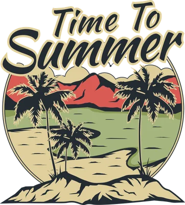 Hình ảnh phong cảnh biển nhiệt đới với cây cọ, núi, biển và chữ 'Time To Summer' phong cách vintage.