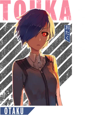 Nhân vật anime Touka Kirishima với mái tóc hai màu, mắt đỏ rực, mặc áo khoác xám, có chữ TOUKA và Tokyo Ghoul.