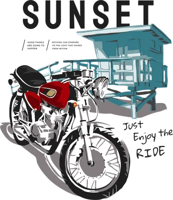 Hình minh họa xe mô tô cổ điển màu đỏ trắng đậu cạnh tháp cứu hộ màu xanh trên nền xám, có chữ 'SUNSET'.