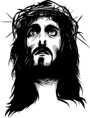 Hình ảnh Chúa Jesus đội mão gai, với ánh mắt nhìn lên, phong cách vector đen trắng.