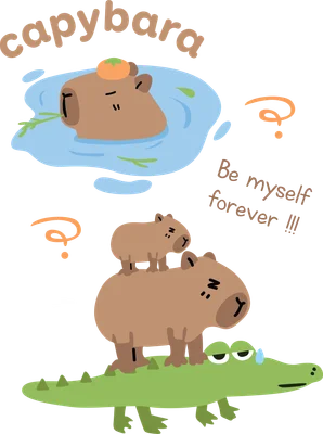 Hình minh họa capybara dễ thương: một con bơi trong nước đội cam, hai con khác cưỡi trên lưng cá sấu xanh lá cây.