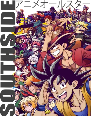 Tranh vẽ tập hợp nhiều nhân vật anime nổi tiếng như Goku, Luffy, Naruto, Ichigo, trong phong cách chibi.
