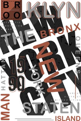 Thiết kế typography với tên các quận của New York City như Brooklyn, Manhattan, Bronx, Queens, Staten Island, kết hợp năm 1990.