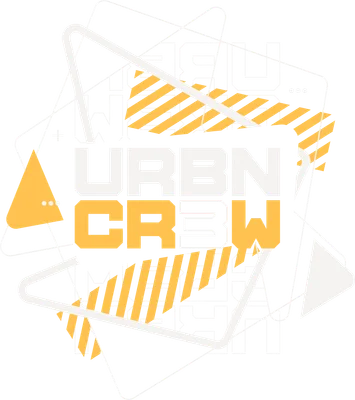 Thiết kế URBN CREW với các hình khối hình học, sọc vàng đen và chữ trắng, phong cách graffiti hiện đại.